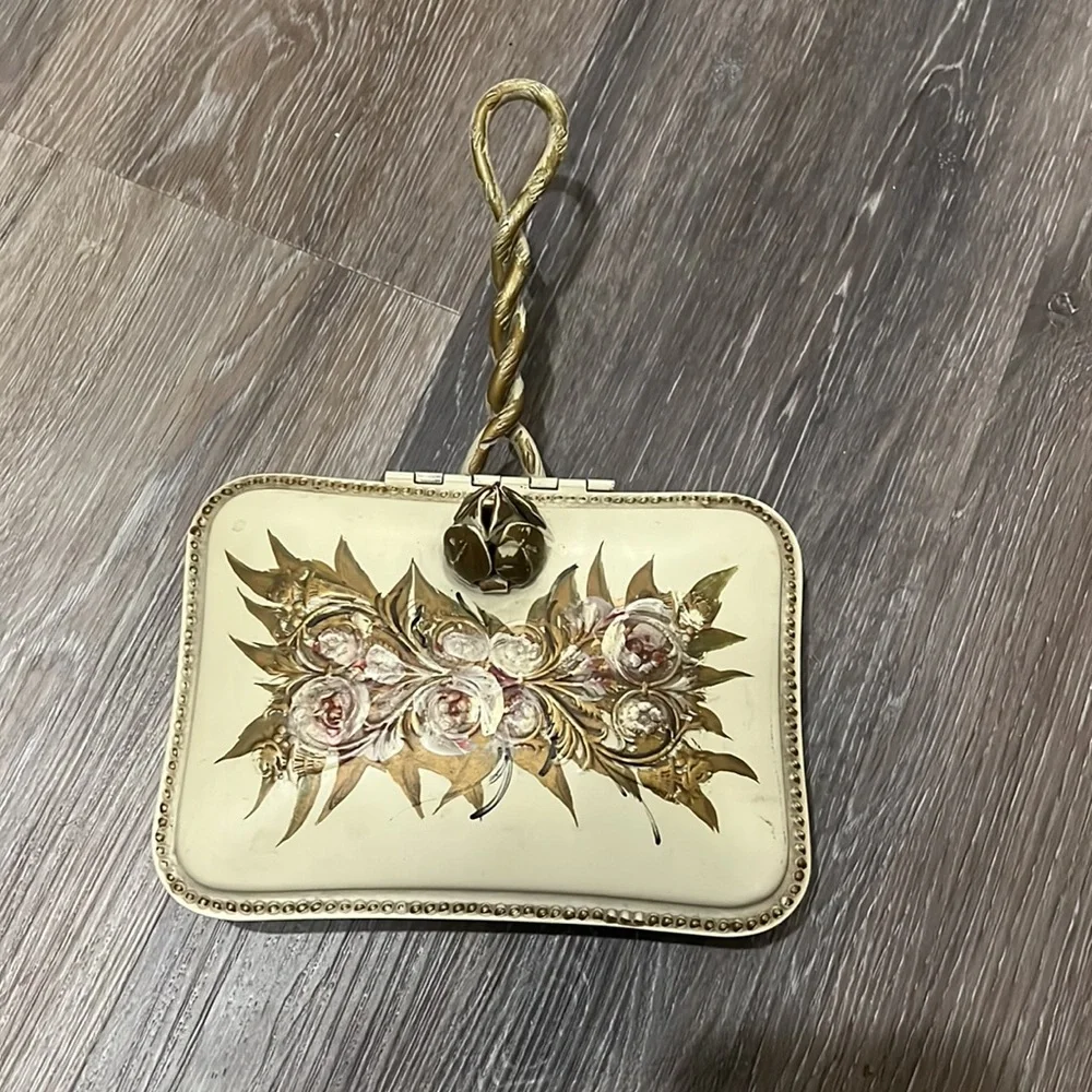 Vintage hand painted metal floral cream gold silent butler - Picture 1 of 9